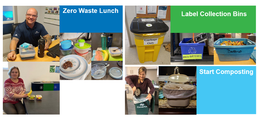 Multiple image showing lunch options with reusable plastic containers and composting the left over waste