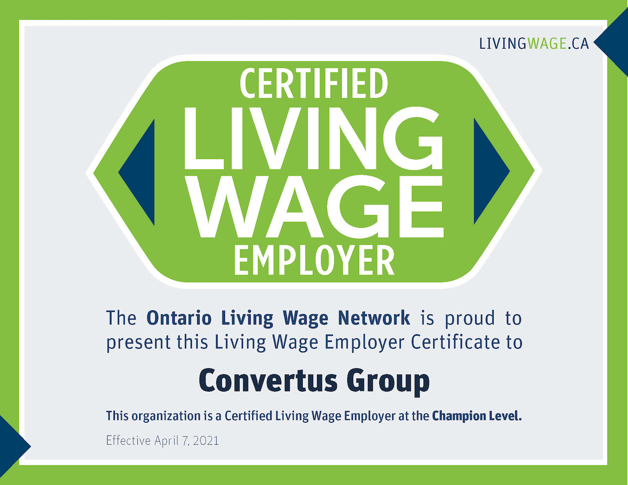 Living Wage Award Certificate for Convertus Group