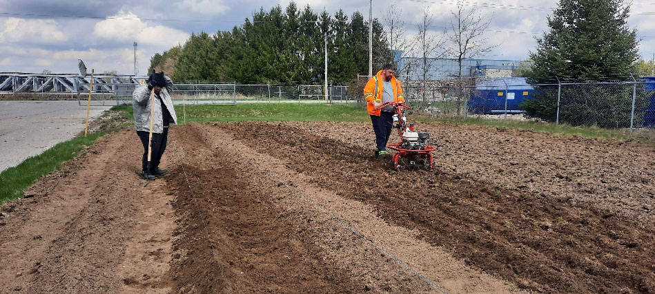 2 men composting a field for planting